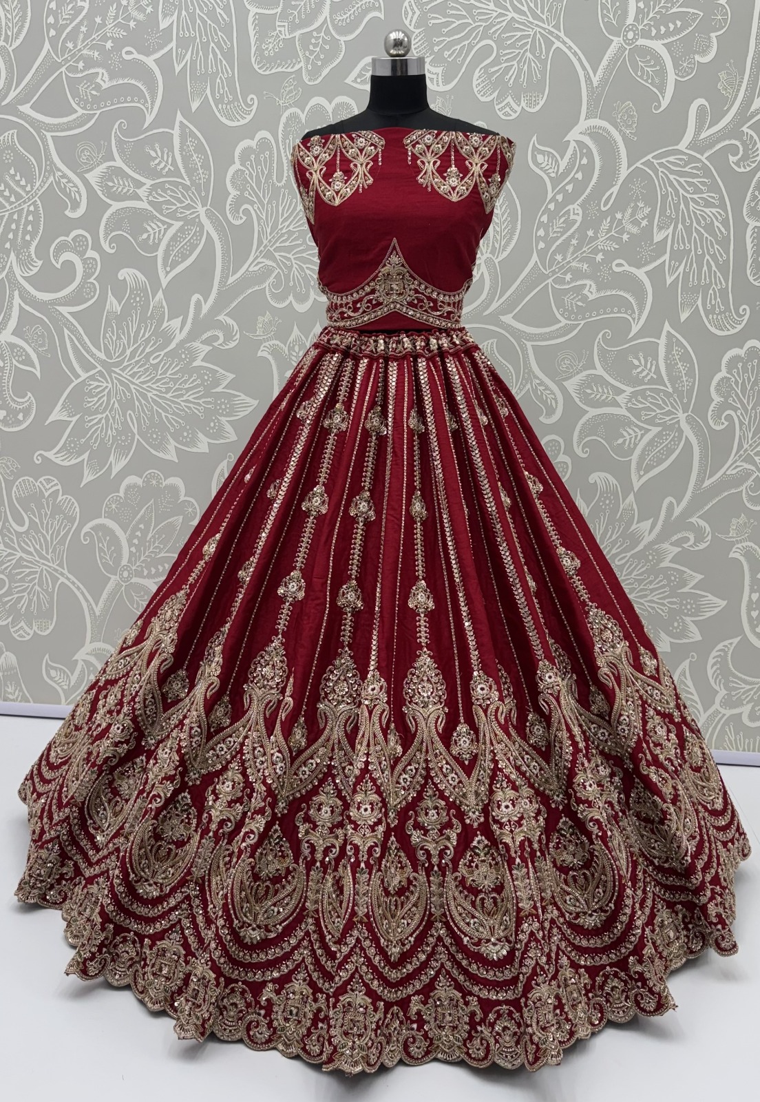 Maroon Silk Bridal Embroidered using Beads, Moti, Cotton Multi-Thread Handwork Semi-Stitched Lehenga Choli